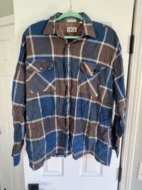 Vintage Aka Bay 100% Acrylic Blue Brown Plaid Button-Up Flannel Shirt Men's XL